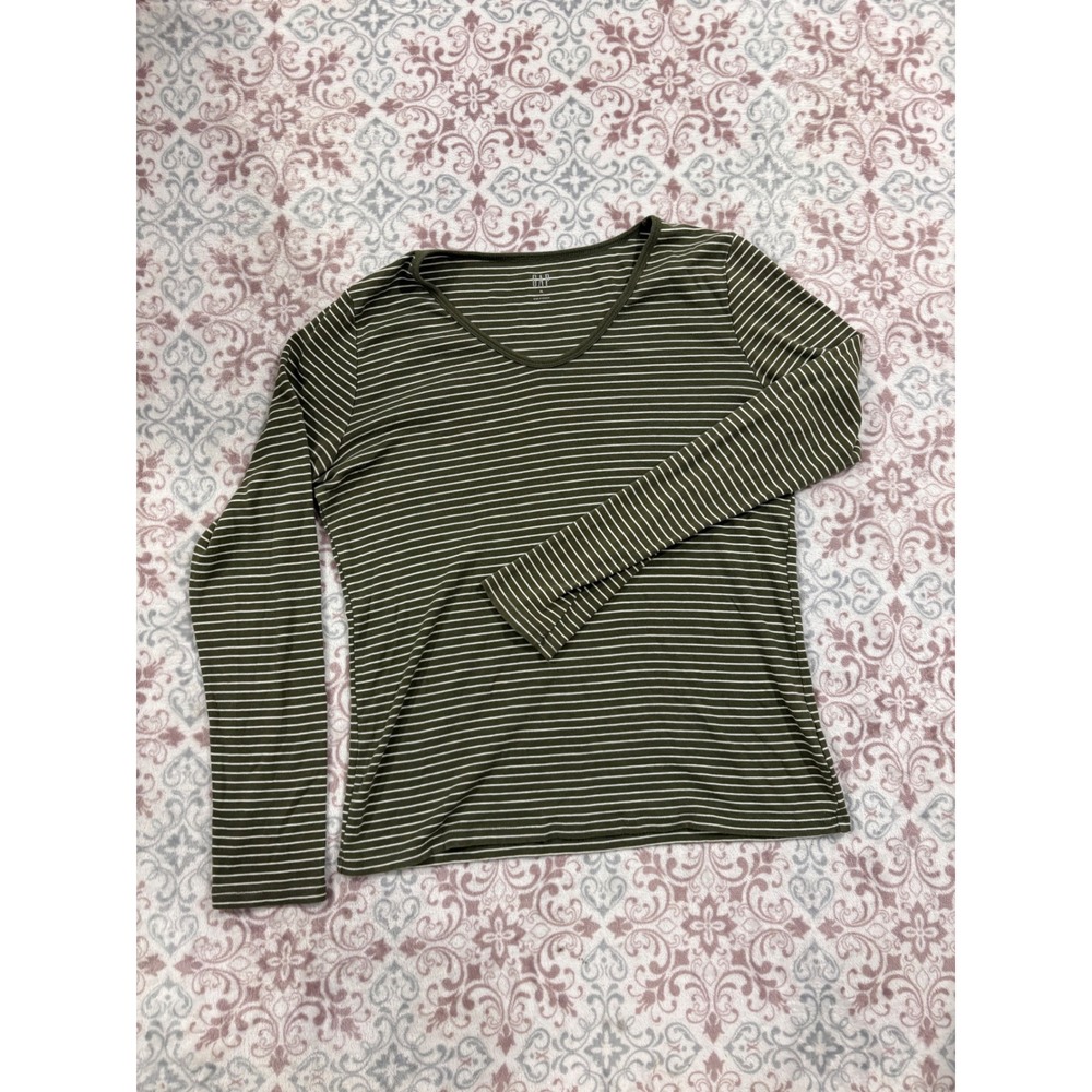 Gap Womens XL Olive Green White Striped V-Neck Long Sleeve Cotton Modal Top